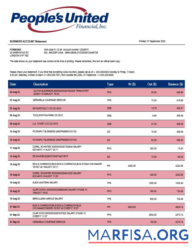 Blank People’s United Bank business statement Word and PDF template